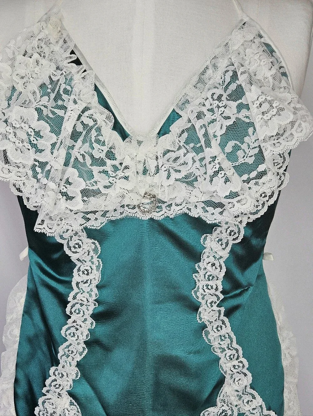 Lingerie Apron XS-XL OS Vintage 80s Novelty Satin Lace Tie Emerald Green White - Picture 4 of 6